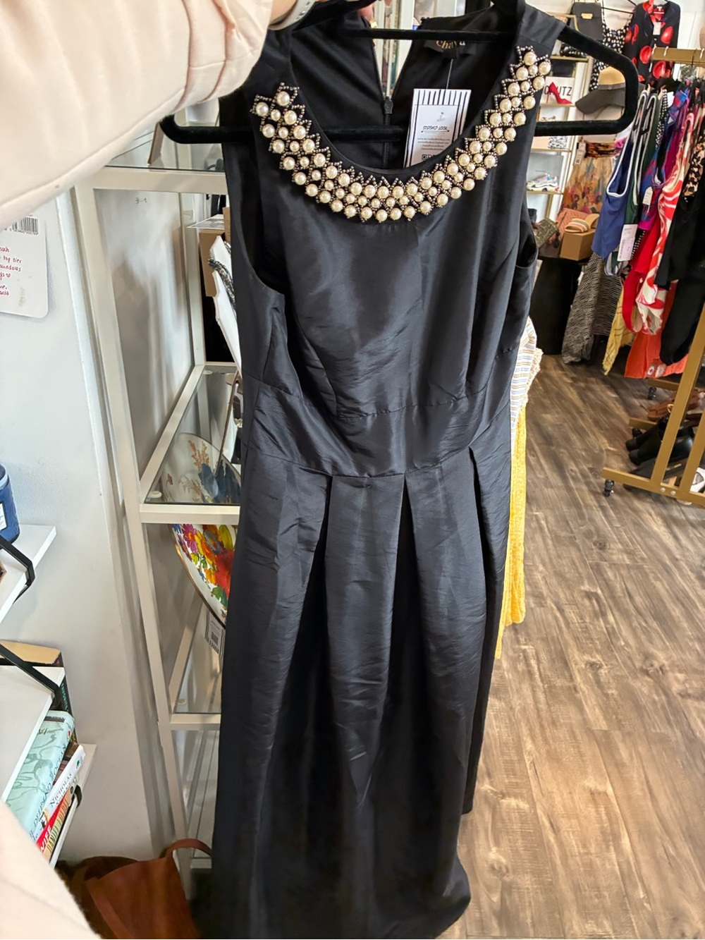 Chaya Sleeveless Black Midi Dress with Pearl-Cluster Neckline